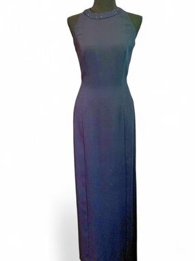 Elegant Navy Beaded Halter Prom Gown